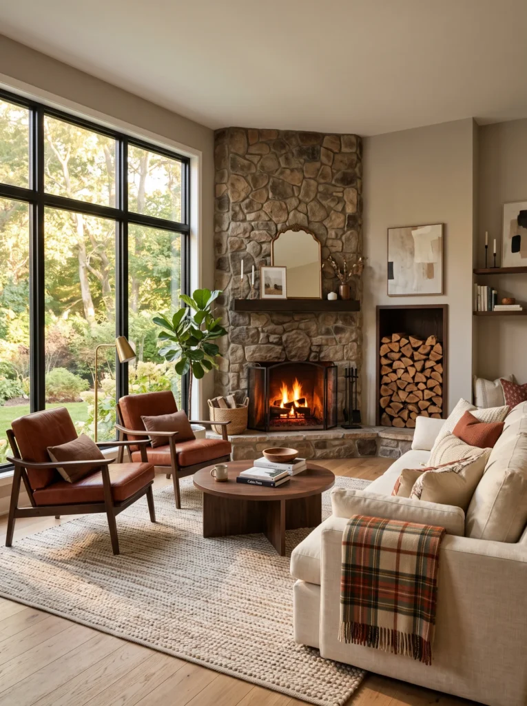 corner natural stone fireplace with rust leather lounge chairs