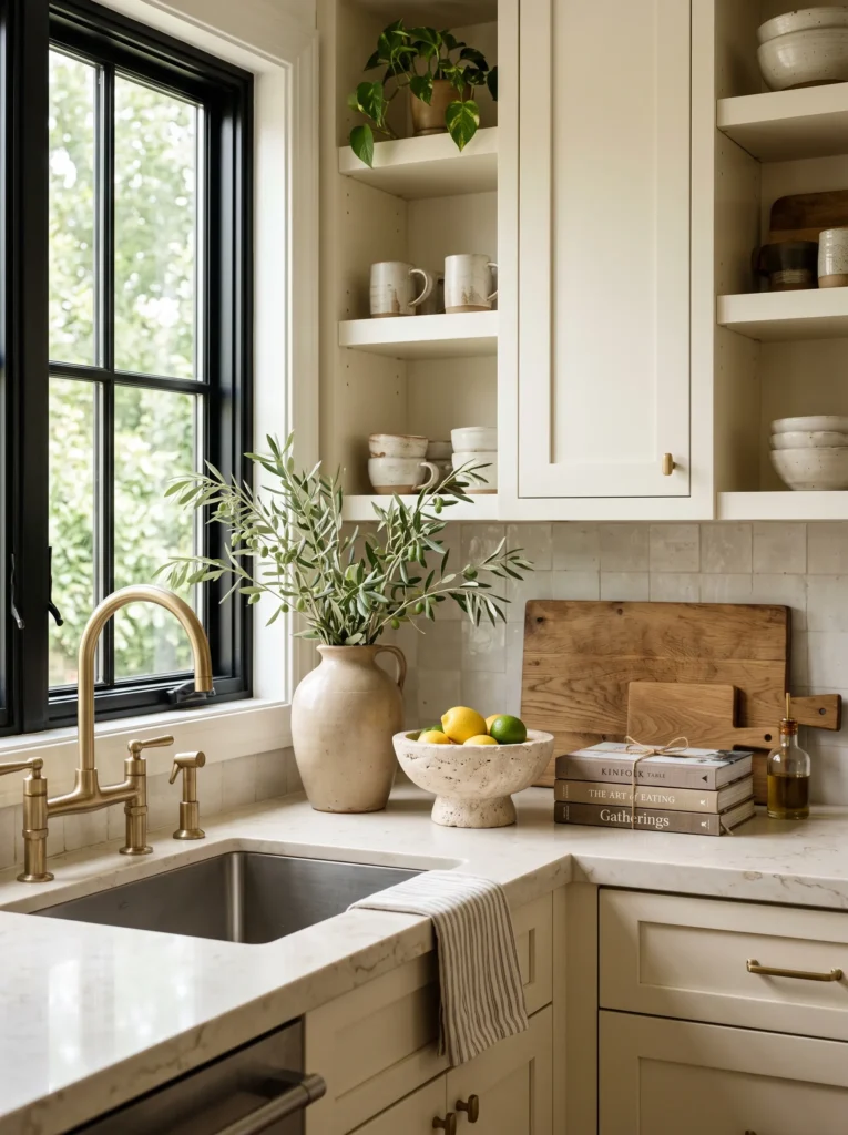 Styled kitchen countertop trio with travertine bowl, ceramic vase with olive branches, and stacked linen cookbooks.