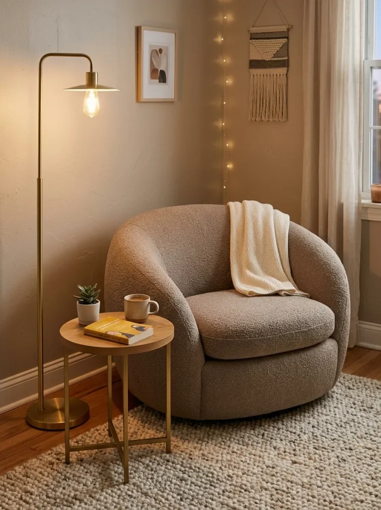 Curved taupe bubble chair in a dorm corner with brass floor lamp and round side table — cozy dorm room ideas for guys.