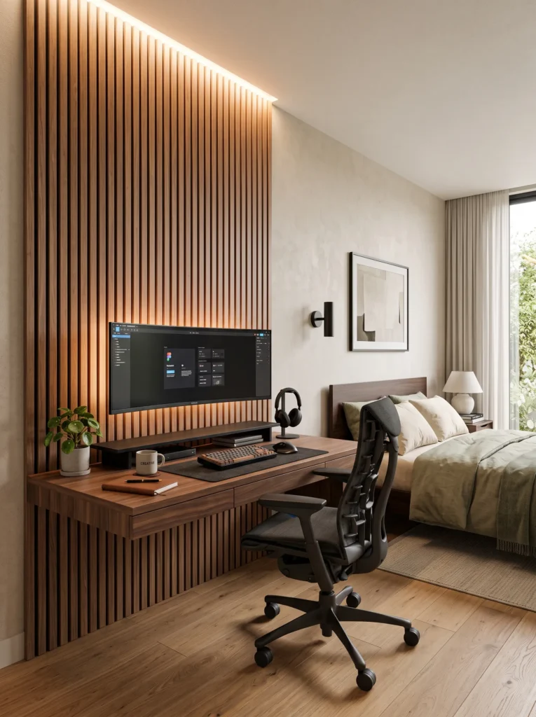 hidden ambient lighting behind an ergonomic chair and ultrawide monitor setup