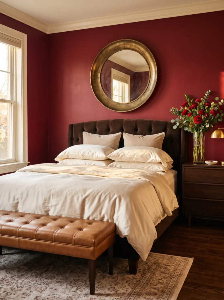 Crimson bedroom wall with a large aged-brass mirror above the headboard