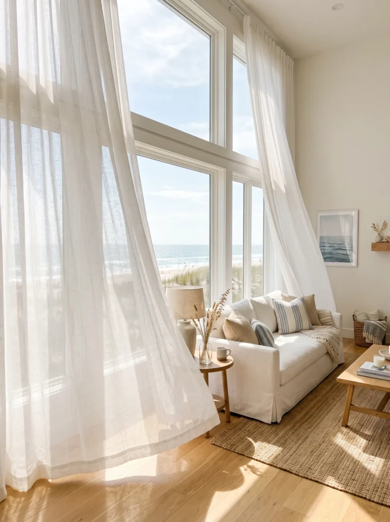 Sheer linen curtains billowing beside a large window in a coastal living room