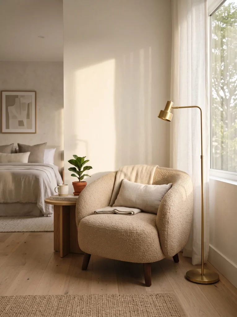 Curved sand-toned bouclé lounge chair styled in a sunlit bedroom nook.