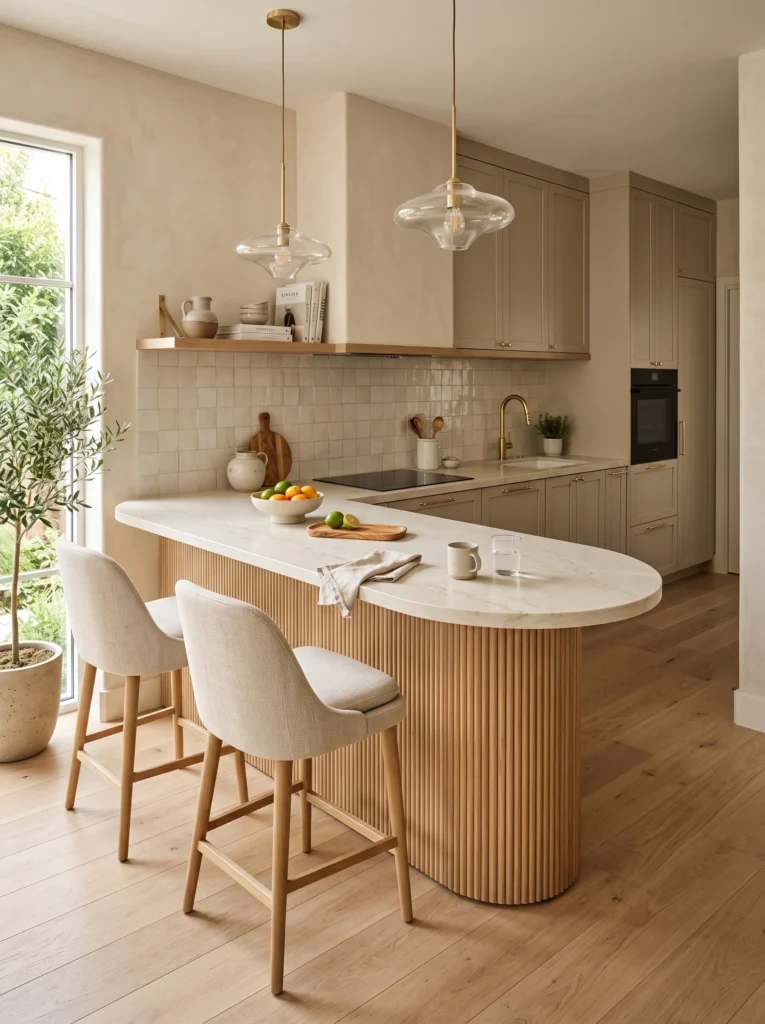 Compact kitchen with floating curved breakfast ledge in creamy quartz over a rounded white oak base.