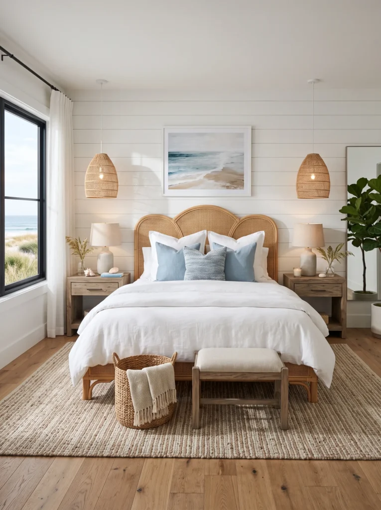 Curved coastal rattan headboard with arched frame in a beach-style bedroom