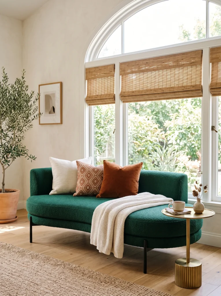 Curved emerald bouclé daybed positioned beneath a window