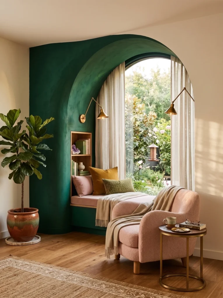 Curved emerald accent wall in a window reading nook