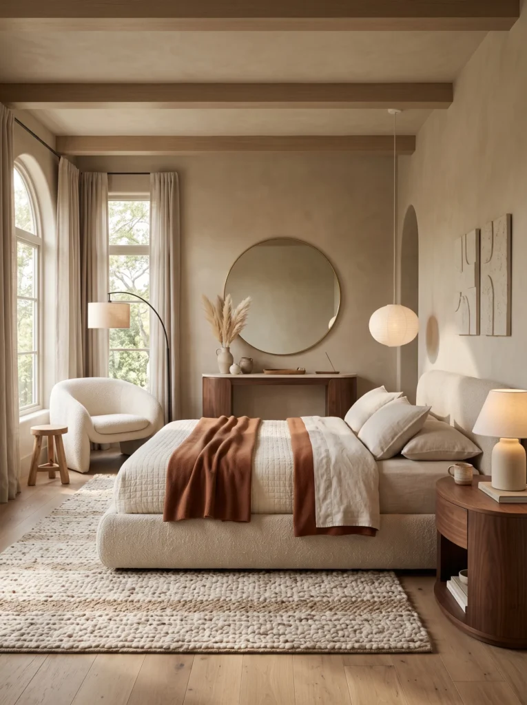 Curved boucle lounge chair and oval nightstands in a minimalist bedroom