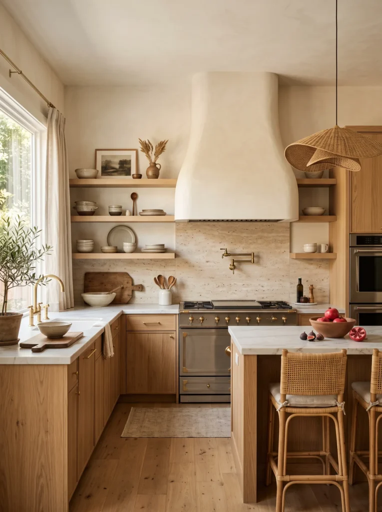 Modern boho kitchen decor with a smooth curved plaster range hood above a professional cooktop and travertine backsplash.