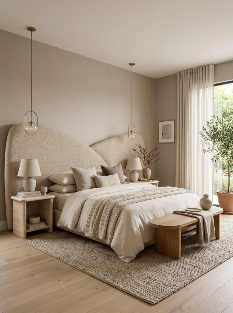 travertine bedside tables and brass pendant lights beside a curved headboard