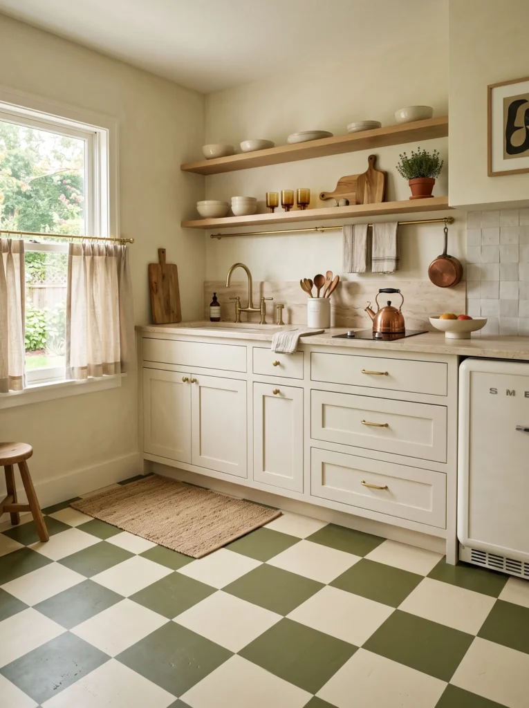 Small kitchen with olive green and ivory checkerboard peel-and-stick vinyl flooring and travertine countertops.