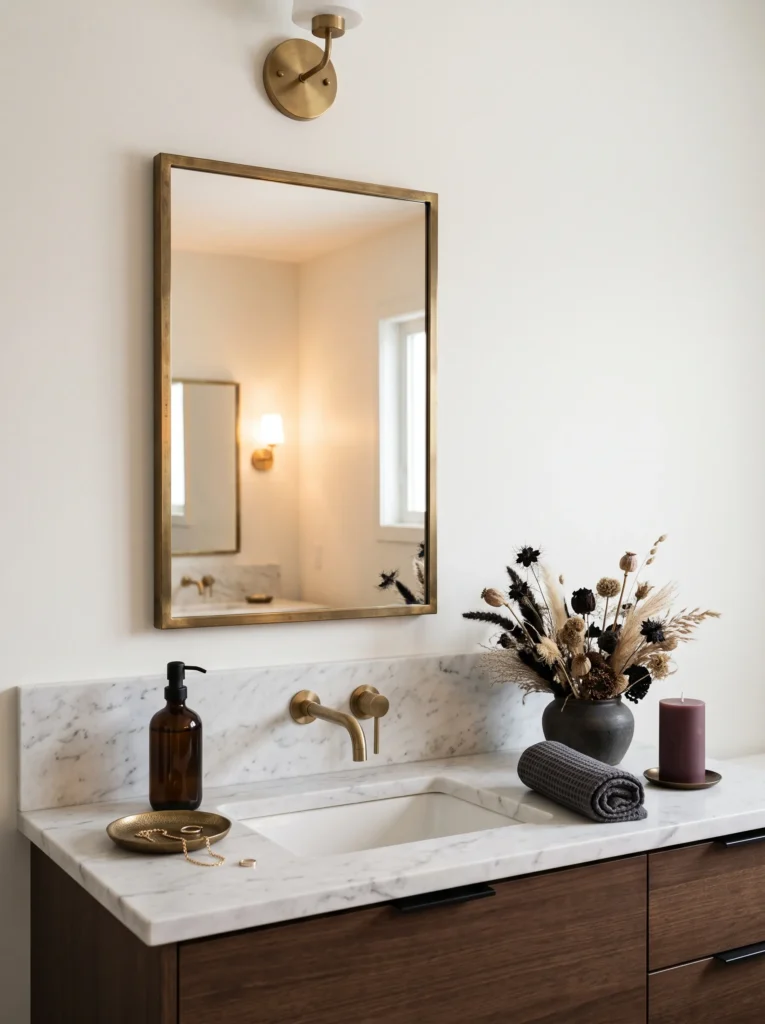 dark glass soap dispenser and dried black florals on bathroom vanity