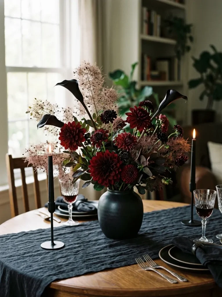 Moody Dark Floral Table Centerpiece