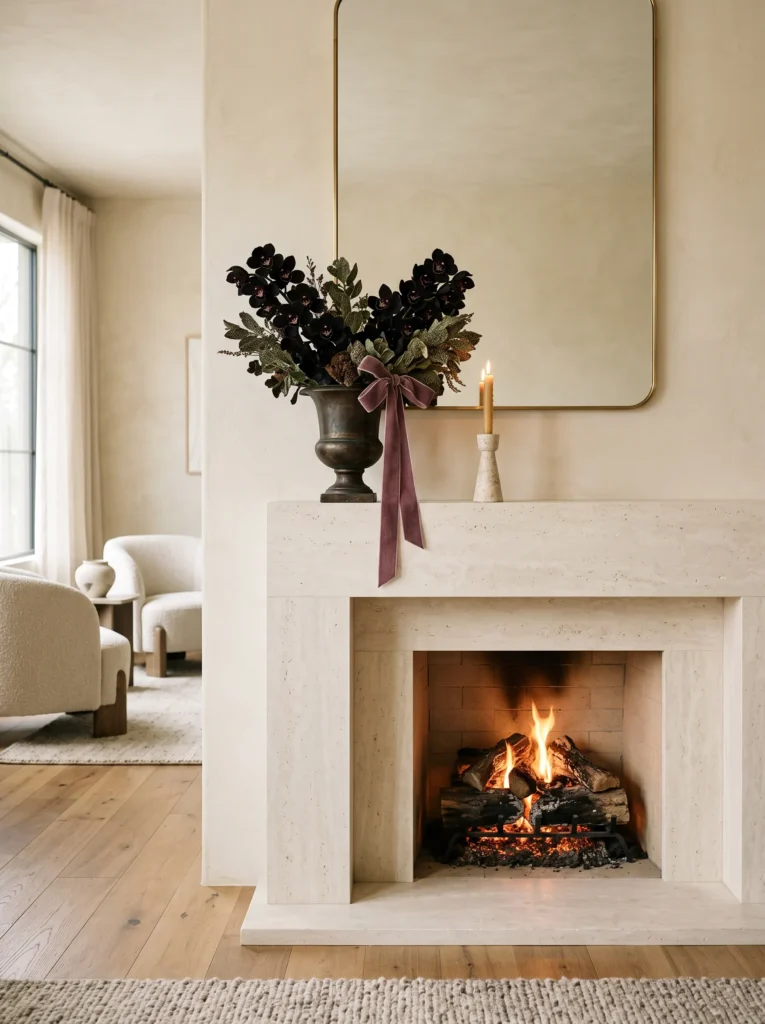 Preserved black orchids in a bronze urn with a plum ribbon