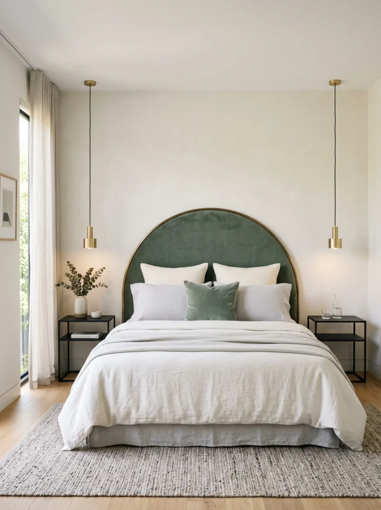  Sage-green arched headboard with an antique brass frame trim