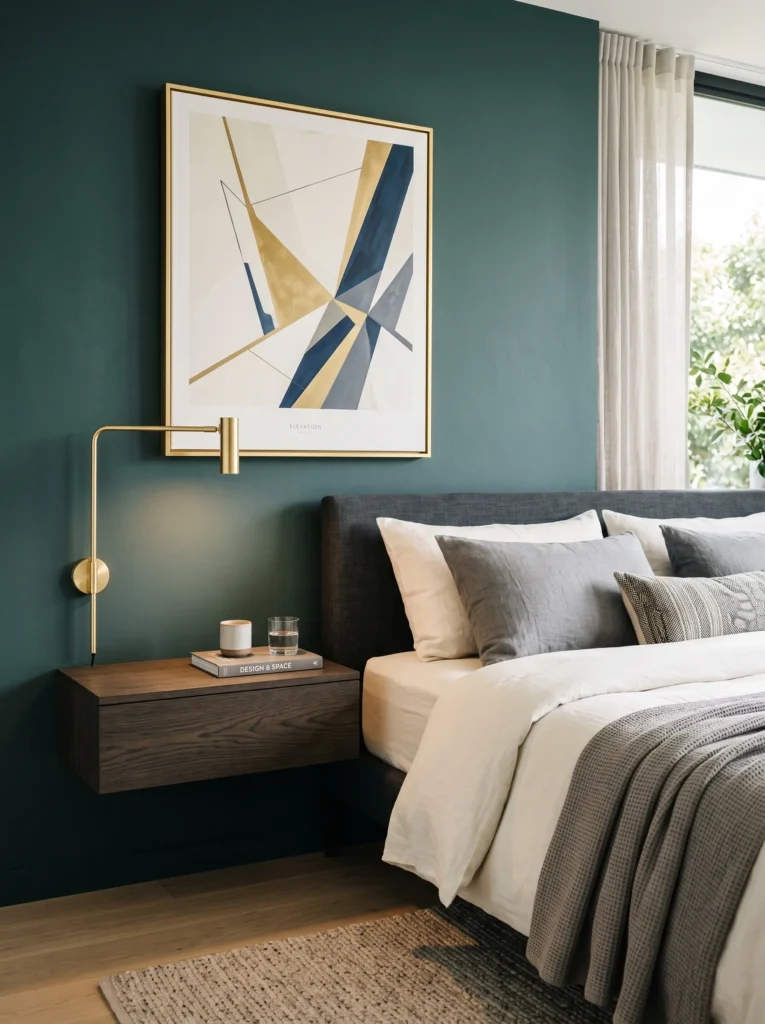Teal-green bedroom wall with a brass-framed abstract art piece