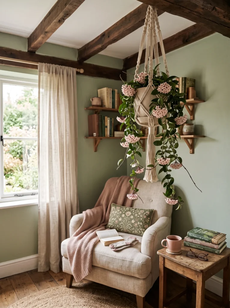Hoya vine with clusters of small pink star-shaped blooms trailing from a macrame hanging planter