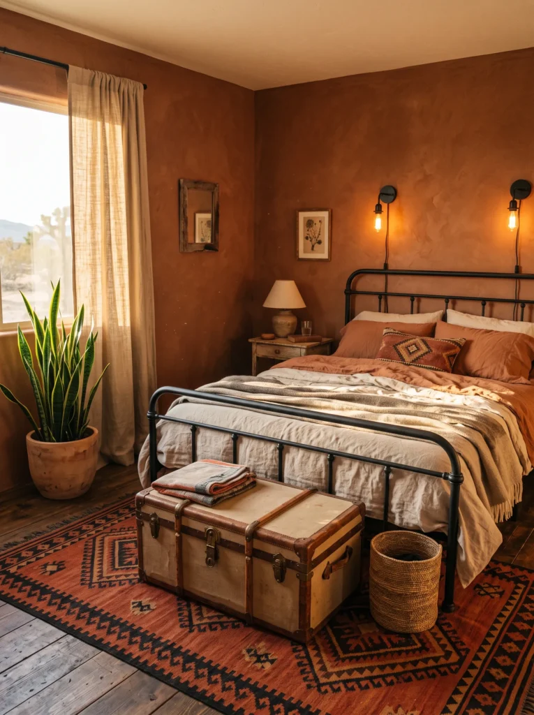Desert camp style bedroom with rust clay walls, iron bed frame and kilim rug