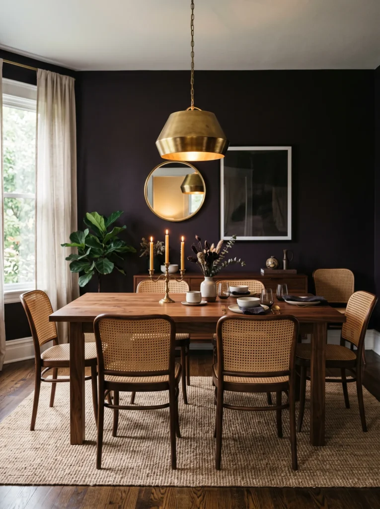 Deep plum-black accent wall in a moody dining room with brass pendant light