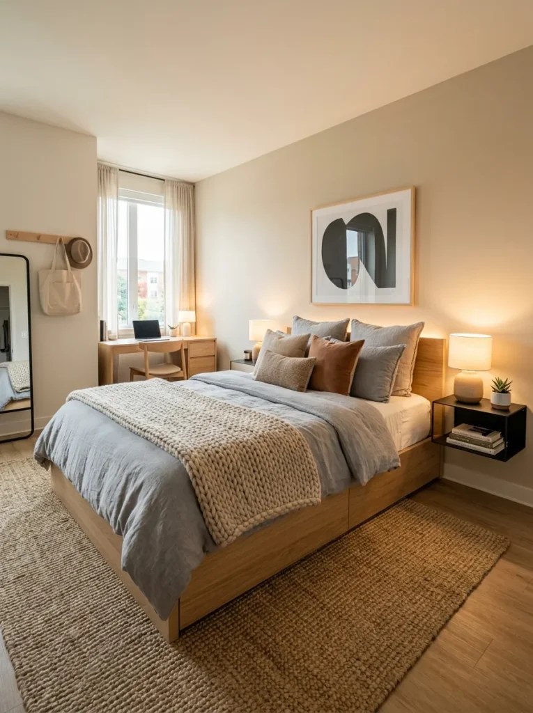 Oversized black-and-white abstract canvas above a low-profile dorm bed with walnut furniture — dorm wall art ideas for guys.
