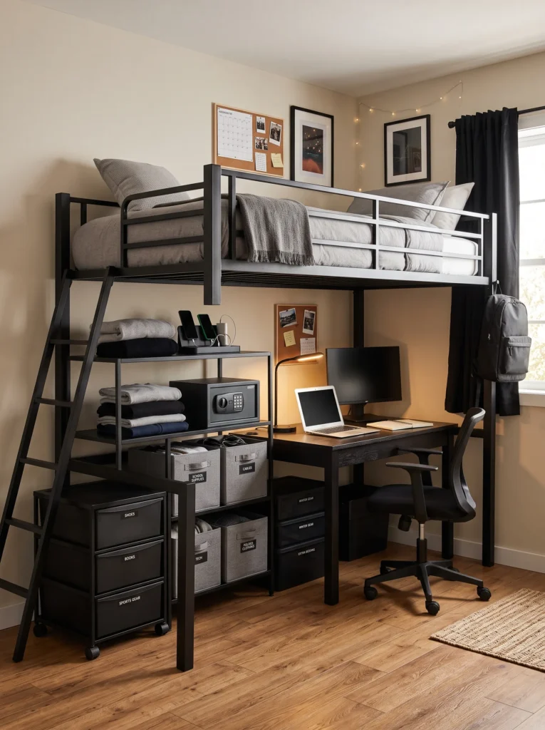 Raised dorm bed with rolling storage drawers and labeled fabric bins underneath — under-bed dorm storage ideas for guys.
