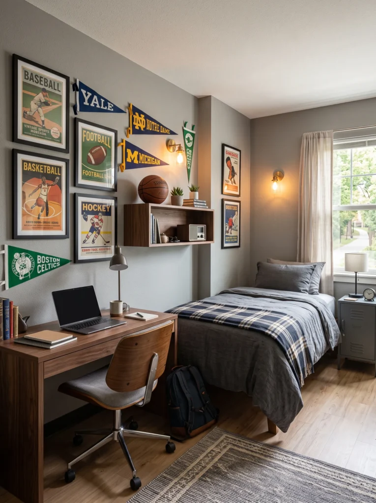 Framed vintage sports posters and retro pennants in black gallery frames on a dorm wall — vintage dorm room ideas for guys.