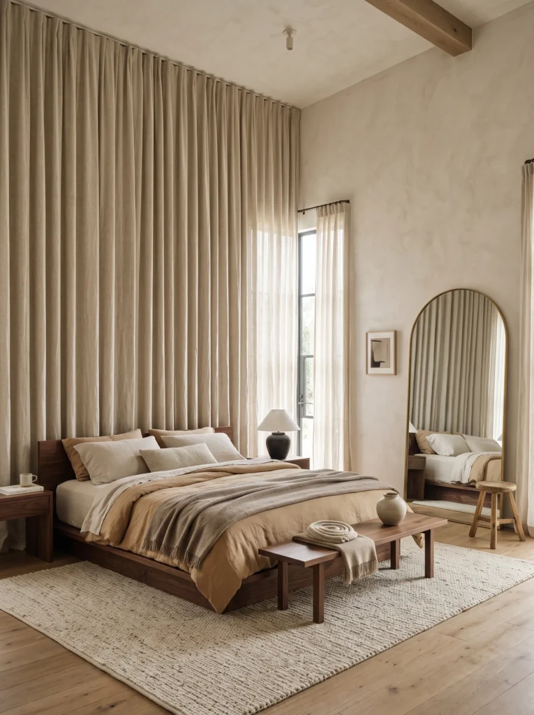 Floor-to-ceiling Belgian linen drapes framing a bedroom window