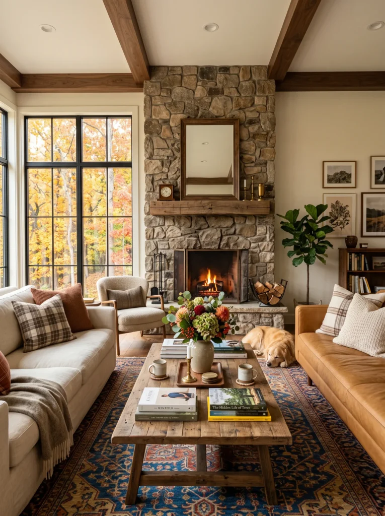 two facing sofas around a stone fireplace with a wood coffee table