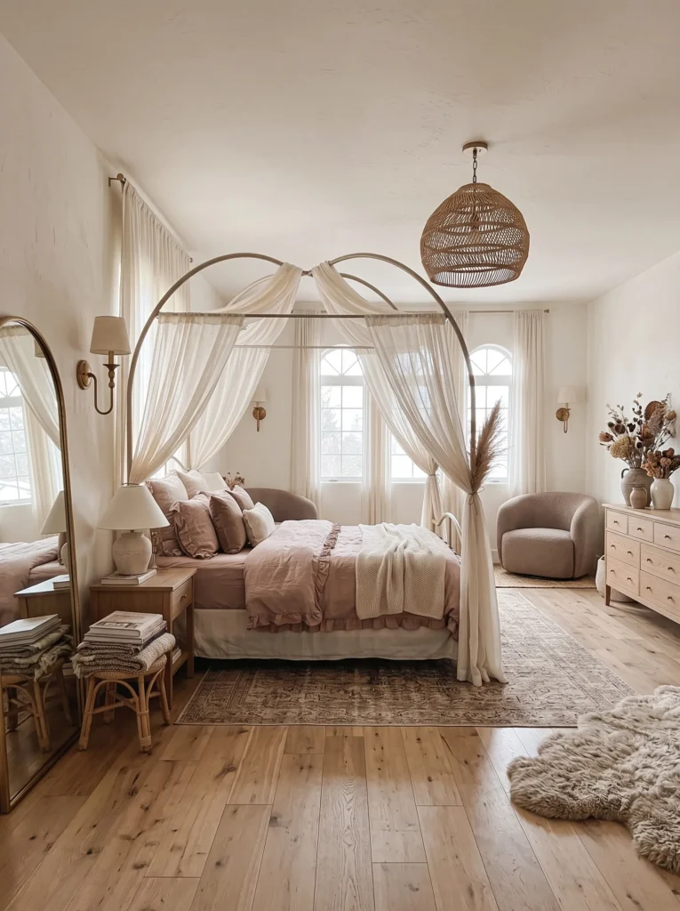 Dusty rose canopy bed corner with iron four-poster frame and boucle armchair