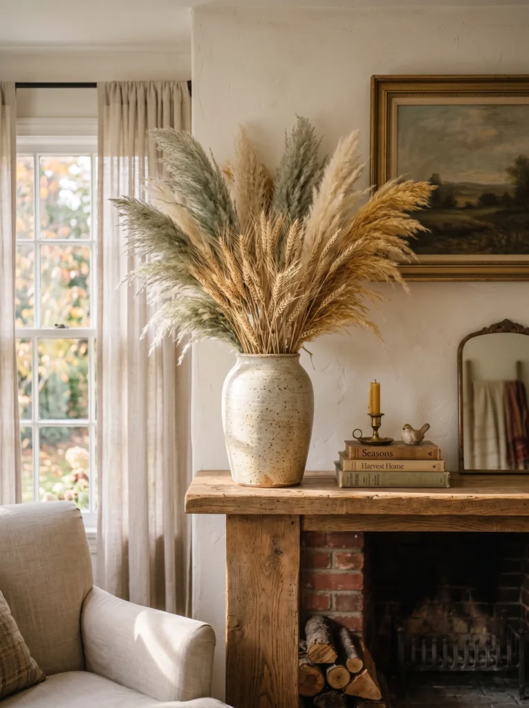 Dried wheat stalks and pampas grass in a ceramic vessel on a mantel, a low-maintenance summer decorations for home idea.
