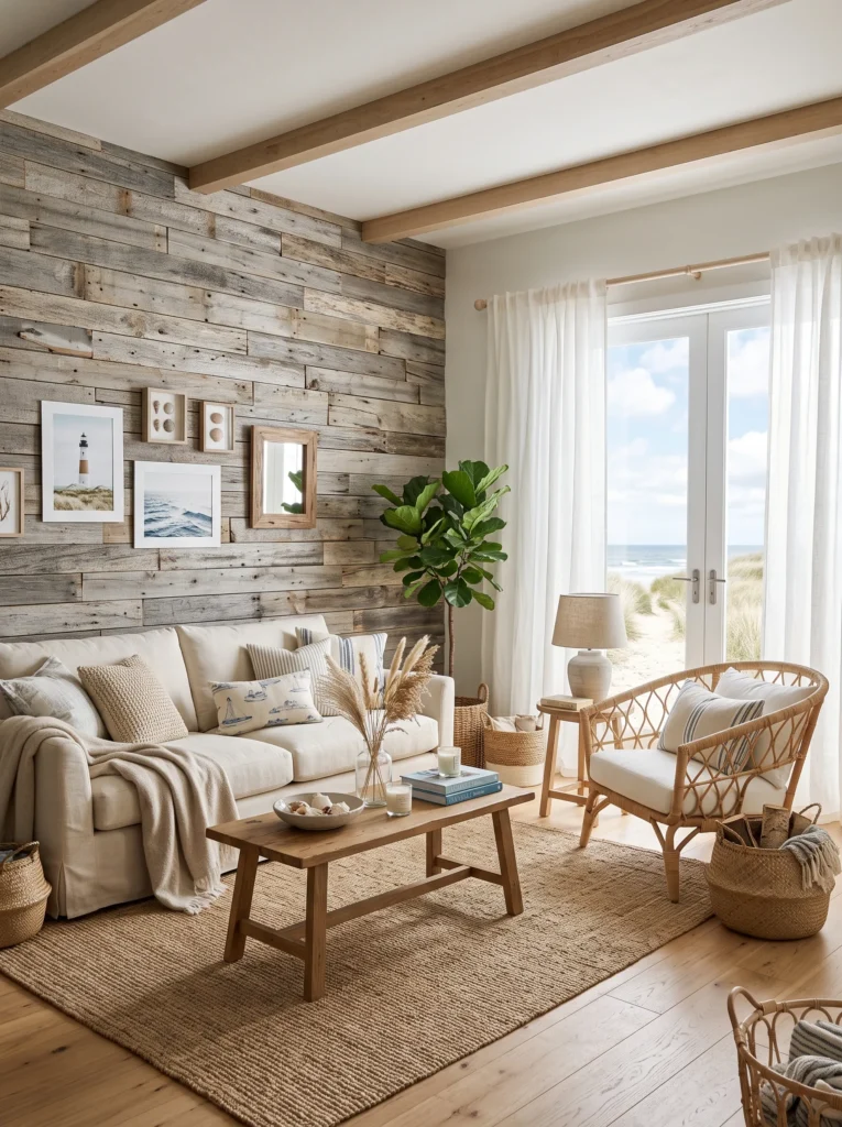 Driftwood accent wall in a bright coastal living room with linen sofa and jute rug