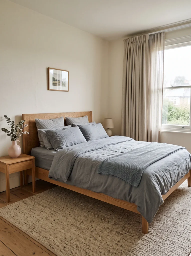 Dusty blue bedding with layered wool curtains over a window