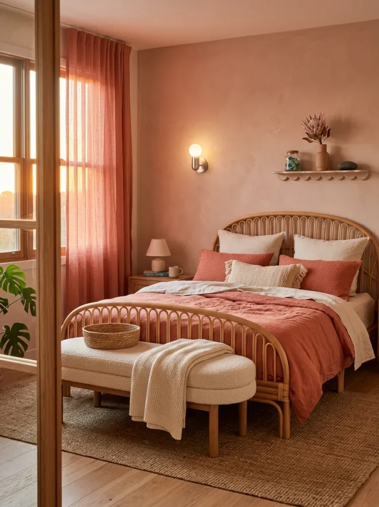 Dusty coral sunset bedroom with rattan bed frame and scalloped ceramic wall shelf