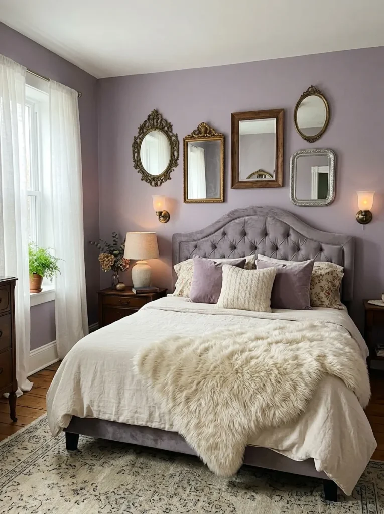 Dusty lilac bedroom with velvet headboard and asymmetrical vintage mirror cluster"