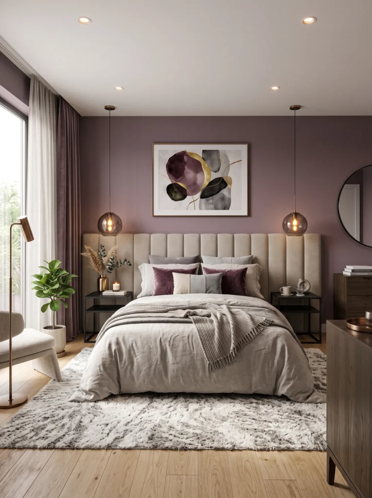 Dusty plum bedroom with tufted beige headboard and bronze accents