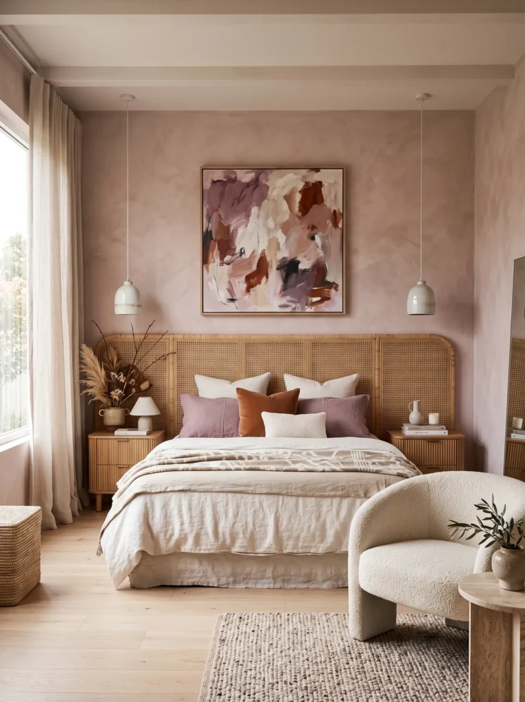 Dusty rose modern boho bedroom with woven headboard and sculptural decor