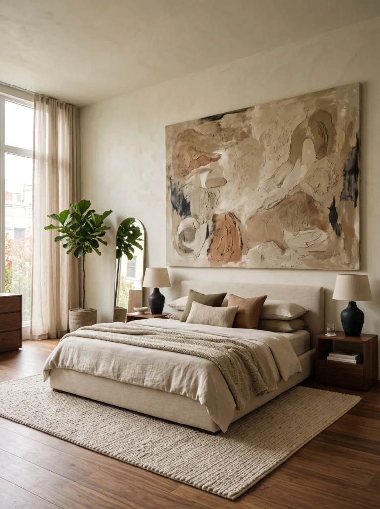 Oversized textured abstract canvas above a low-profile oatmeal linen bed