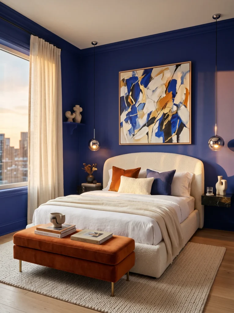 electric indigo walls with an ivory boucle bed, saffron bench, and floating black marble nightstands