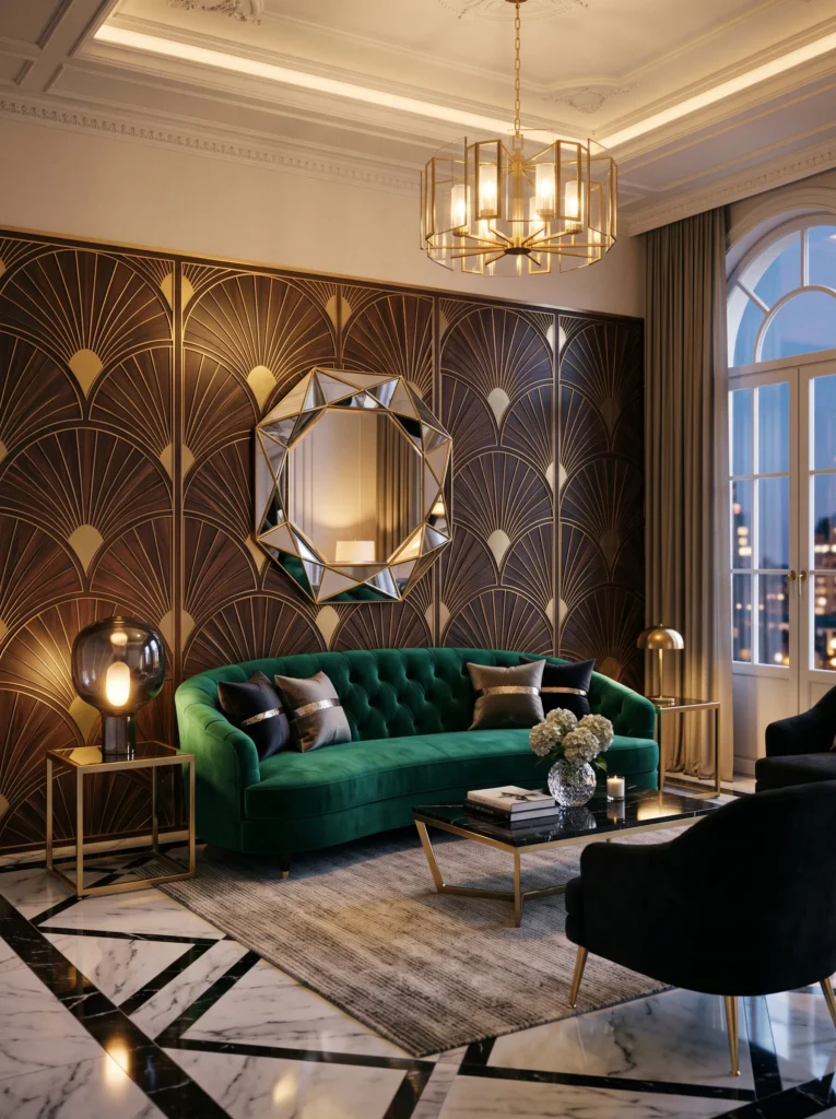 Mixed brass and chrome fixtures with a smoked glass table in a layered living room