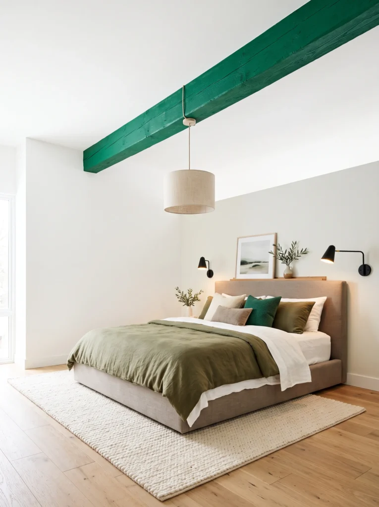 Exposed ceiling beam painted emerald above a taupe linen bed