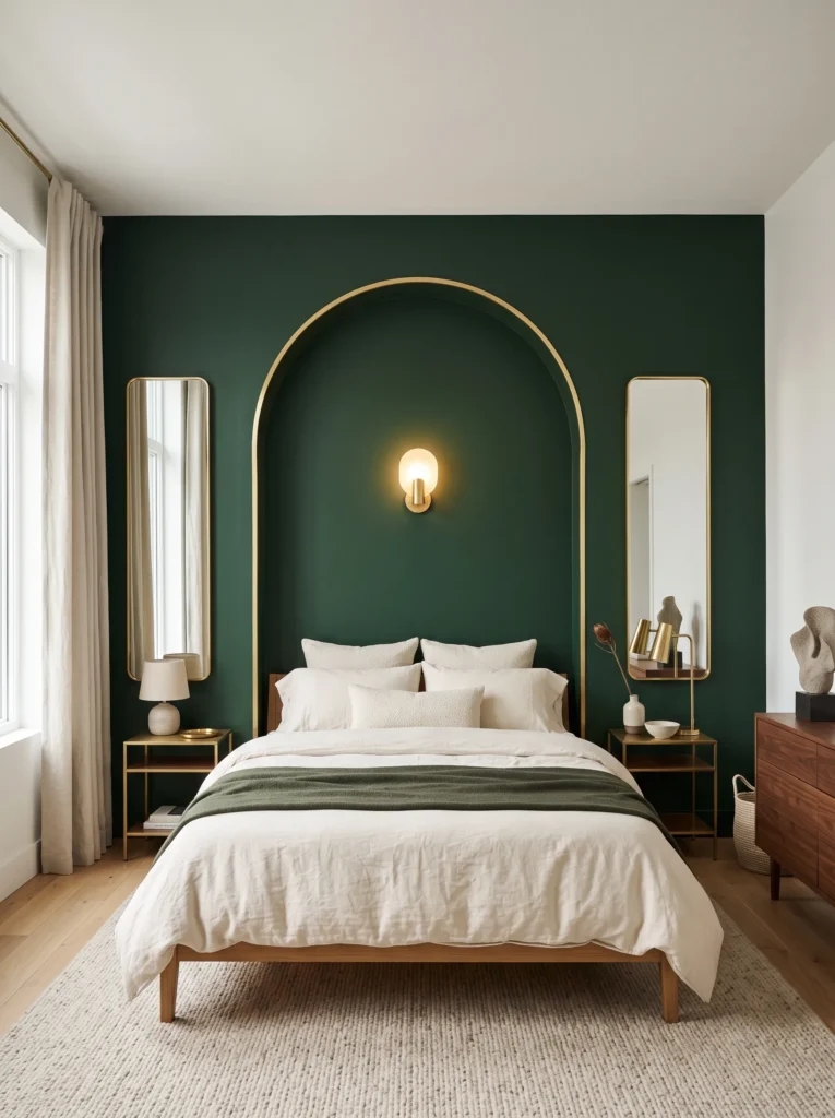 Pine-bottle green arched wall nook outlined in brass trim