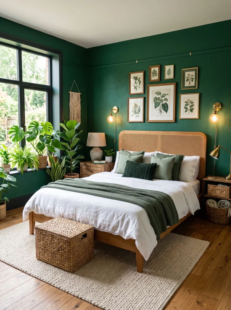 Emerald green boho bedroom with rattan headboard and indoor plants