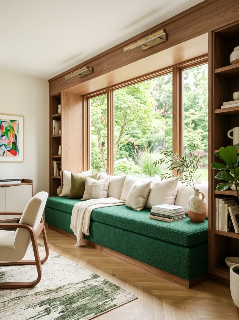 Built-in emerald bouclé window bench framed in walnut trim