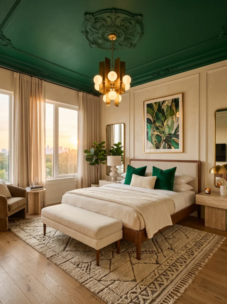 emerald green painted ceiling with brass chandelier over ivory walls in a compact bedroom