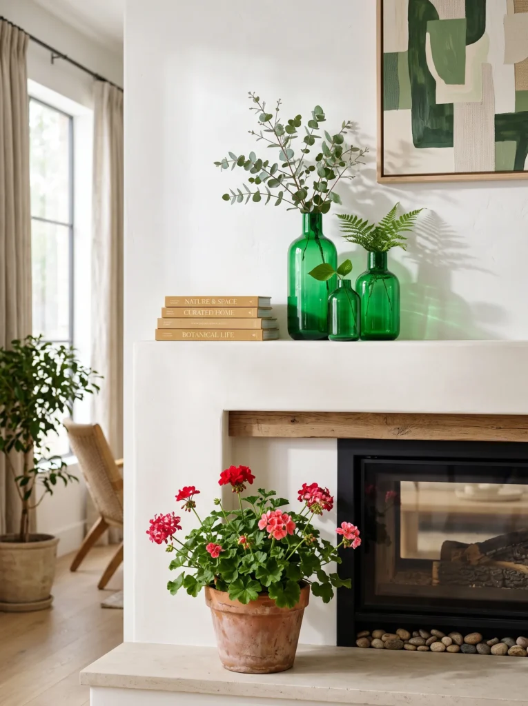 Terracotta pot of geraniums placed inside a mantel firebox