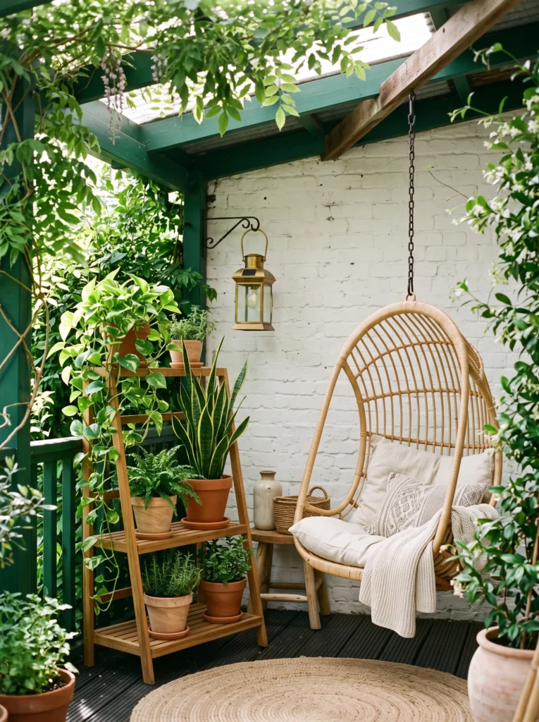 Rattan hanging chair beside a tiered plant stand on a green porch