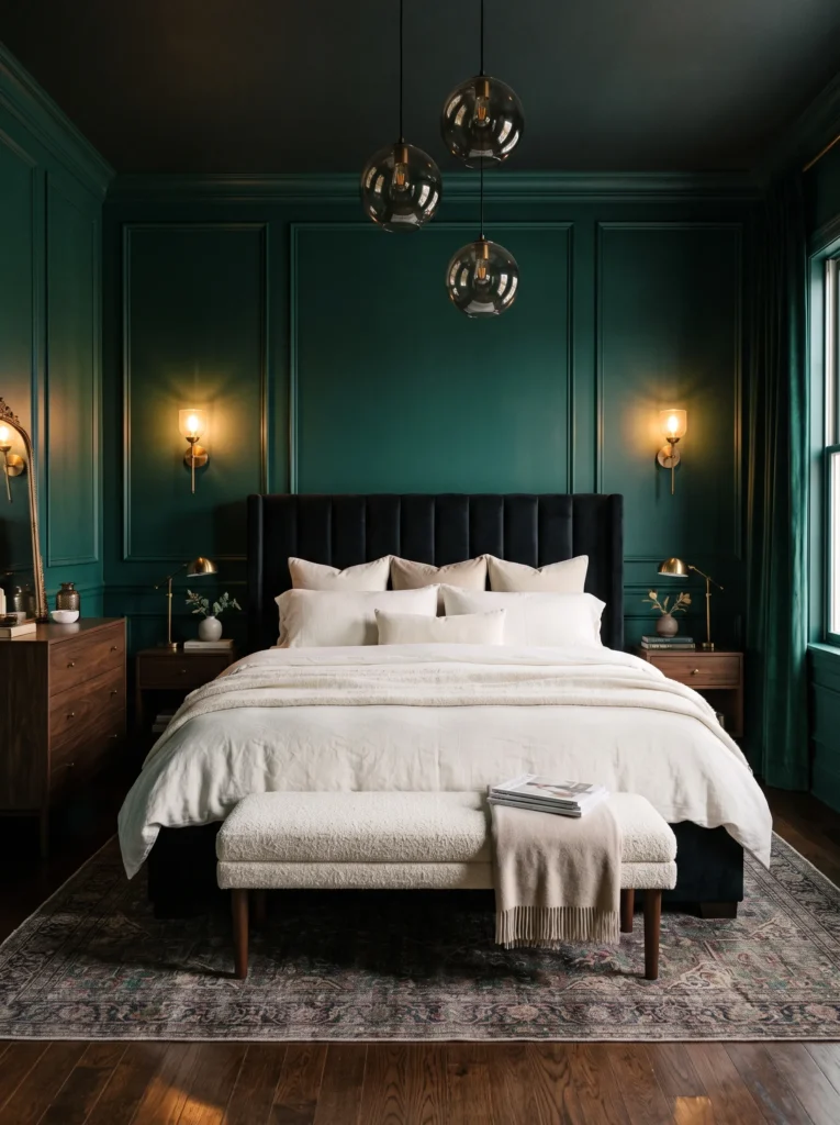Emerald paneled bedroom wall with a black velvet channel-tufted bed