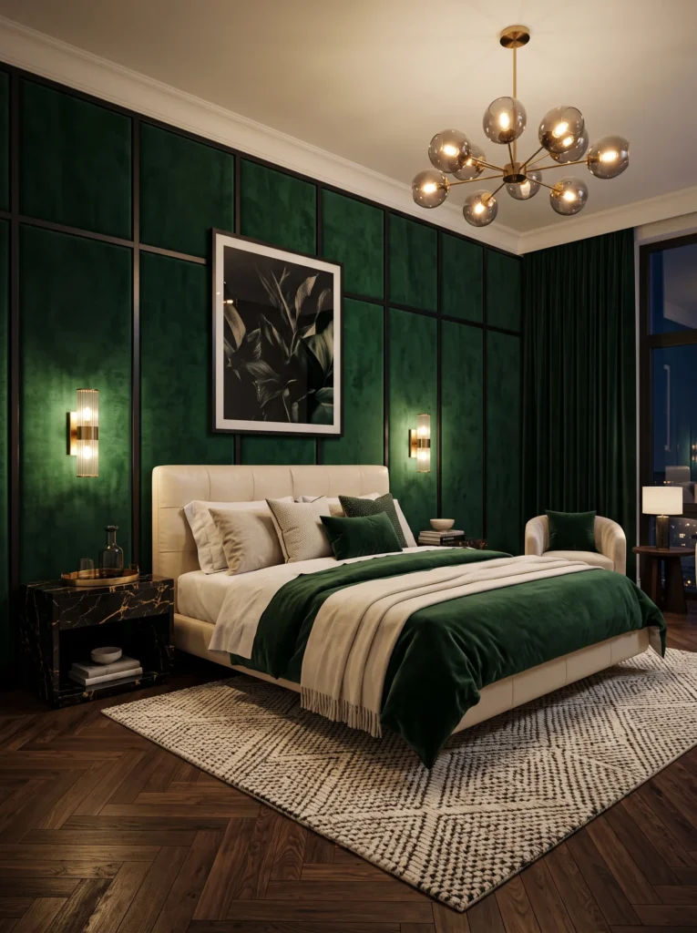 Emerald velvet wall panels behind floating cream leather bed