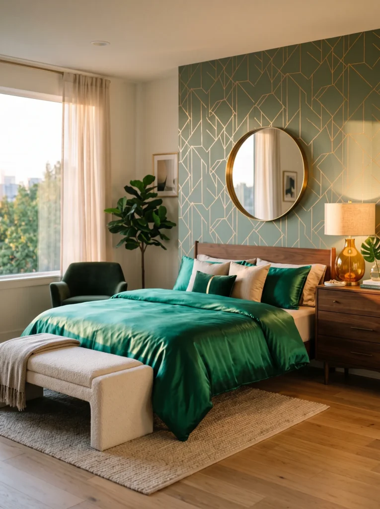 Emerald silk bedding beside a gold foil geometric accent panel