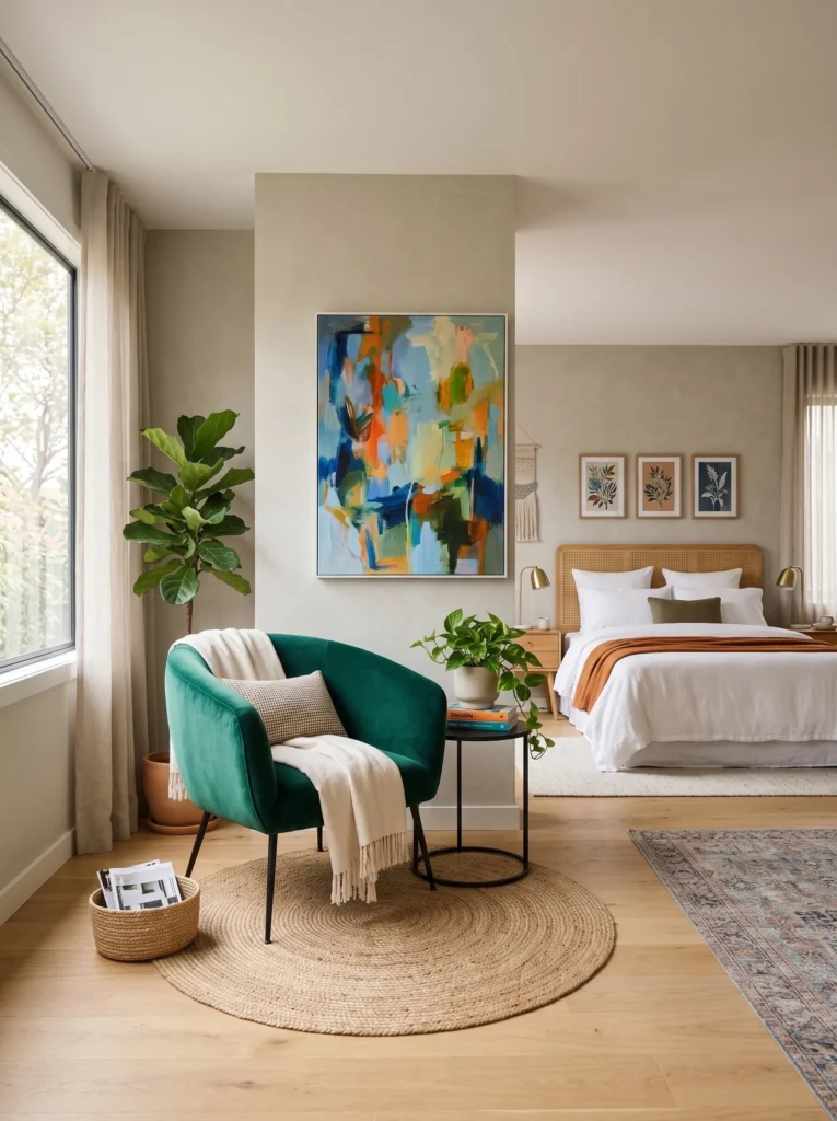 Sculptural emerald velvet chair in a warm greige bedroom corner